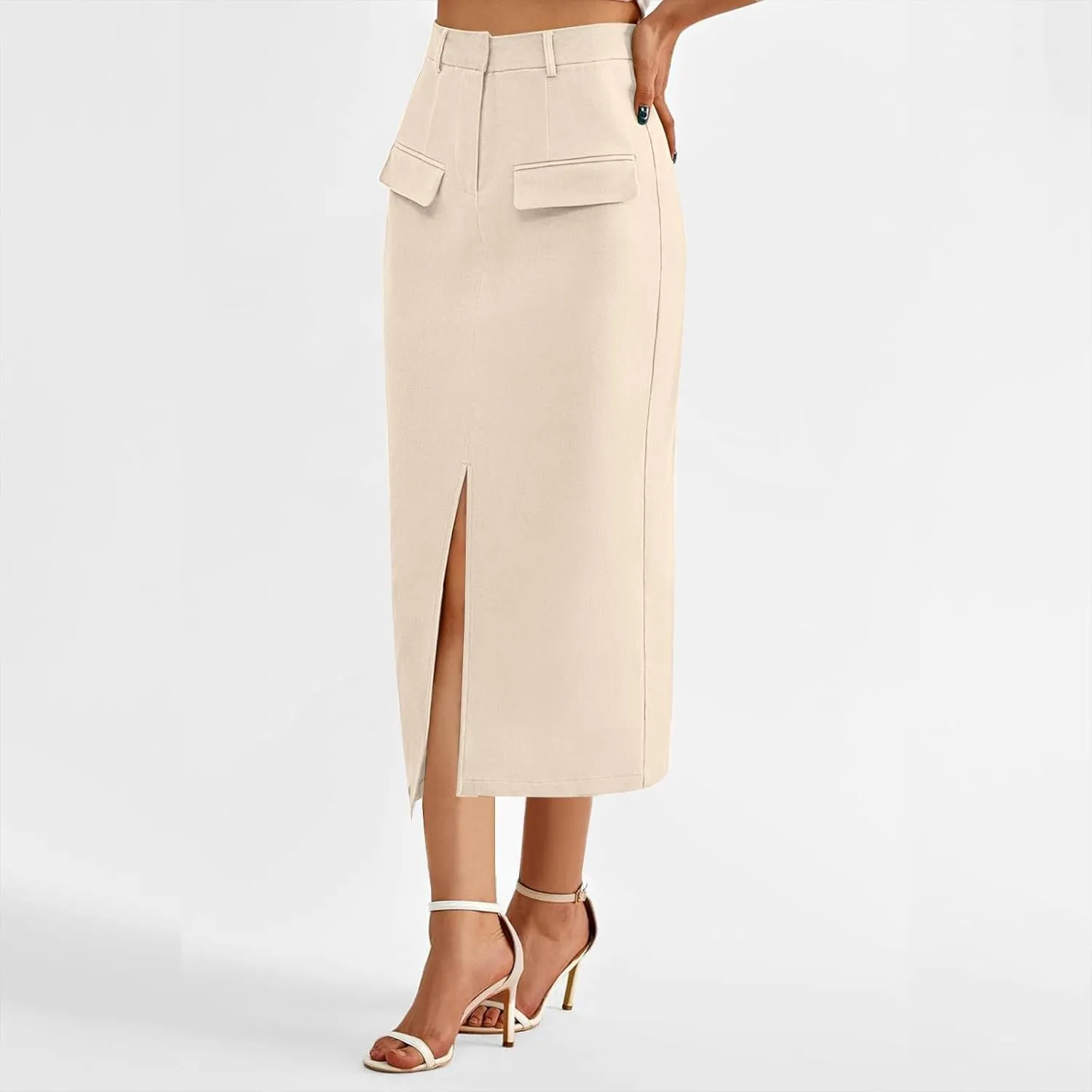 Women High Waisted Maxi Skirt Trendy Summer Slim Business Casual Dresses Decorative Pocket Long Skirts with Front Slit