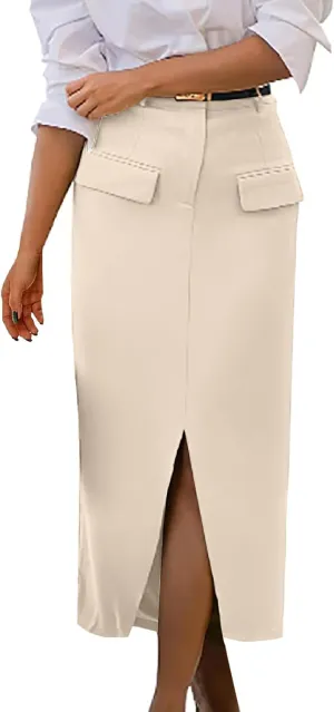 Women High Waisted Maxi Skirt Trendy Summer Slim Business Casual Dresses Decorative Pocket Long Skirts with Front Slit