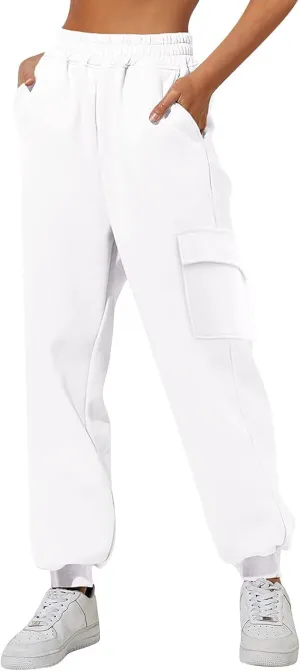 Women Jogger Pants Solid Loose Fit Straight Leg Pants Elastic High Waist Trousers with Pockets, for Workout Running Outdoor