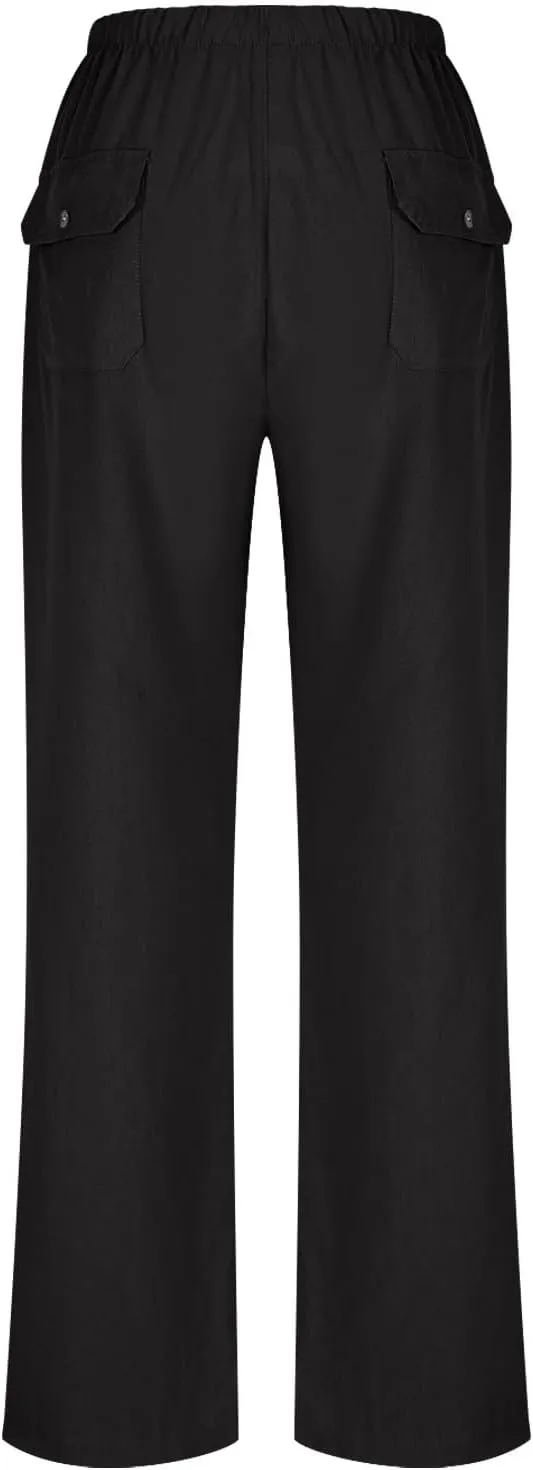 Women Linen Pants Wide Leg Straight Leg Slacks Casual Summer Pants Running Work Trousers with Pockets for Daily