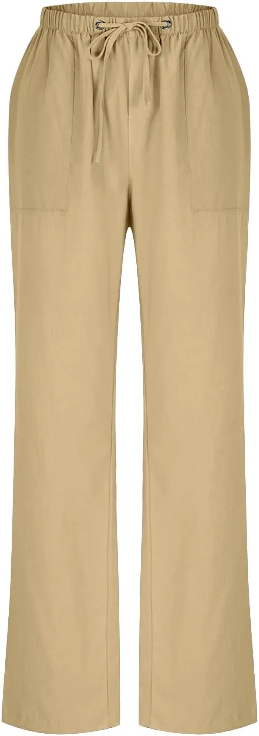 Women Linen Pants Wide Leg Straight Leg Slacks Casual Summer Pants Running Work Trousers with Pockets for Daily