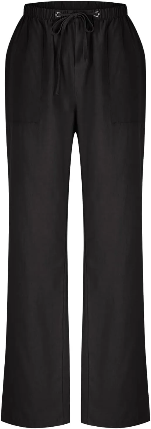 Women Linen Pants Wide Leg Straight Leg Slacks Casual Summer Pants Running Work Trousers with Pockets for Daily