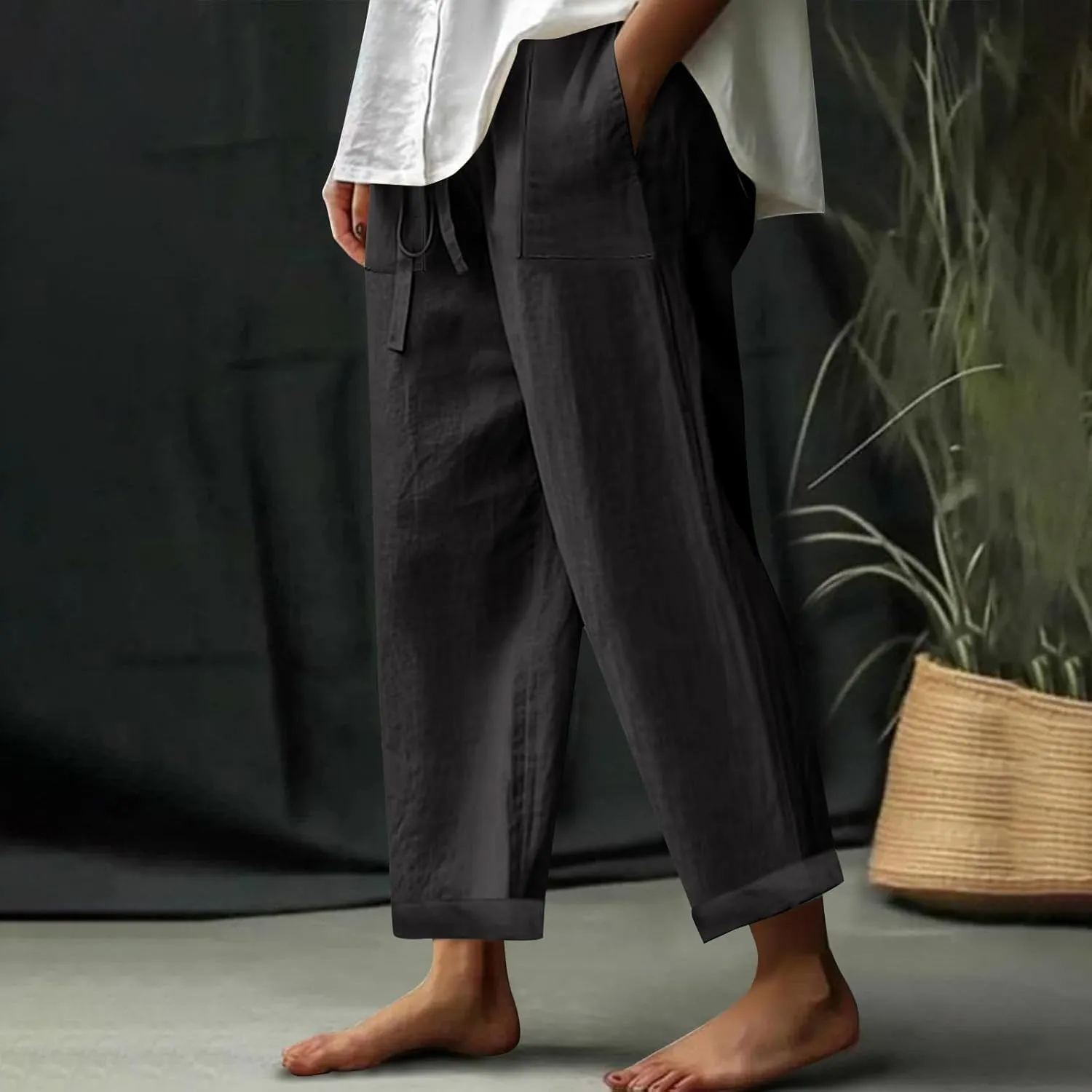 Women Linen Pants Wide Leg Straight Leg Slacks Casual Summer Pants Running Work Trousers with Pockets for Daily