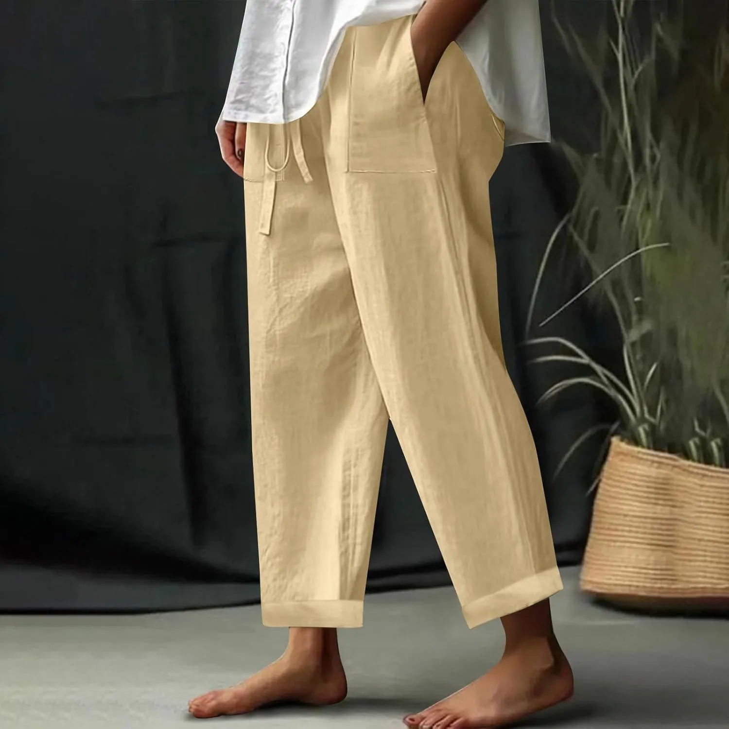 Women Linen Pants Wide Leg Straight Leg Slacks Casual Summer Pants Running Work Trousers with Pockets for Daily