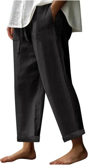 Women Linen Pants Wide Leg Straight Leg Slacks Casual Summer Pants Running Work Trousers with Pockets for Daily