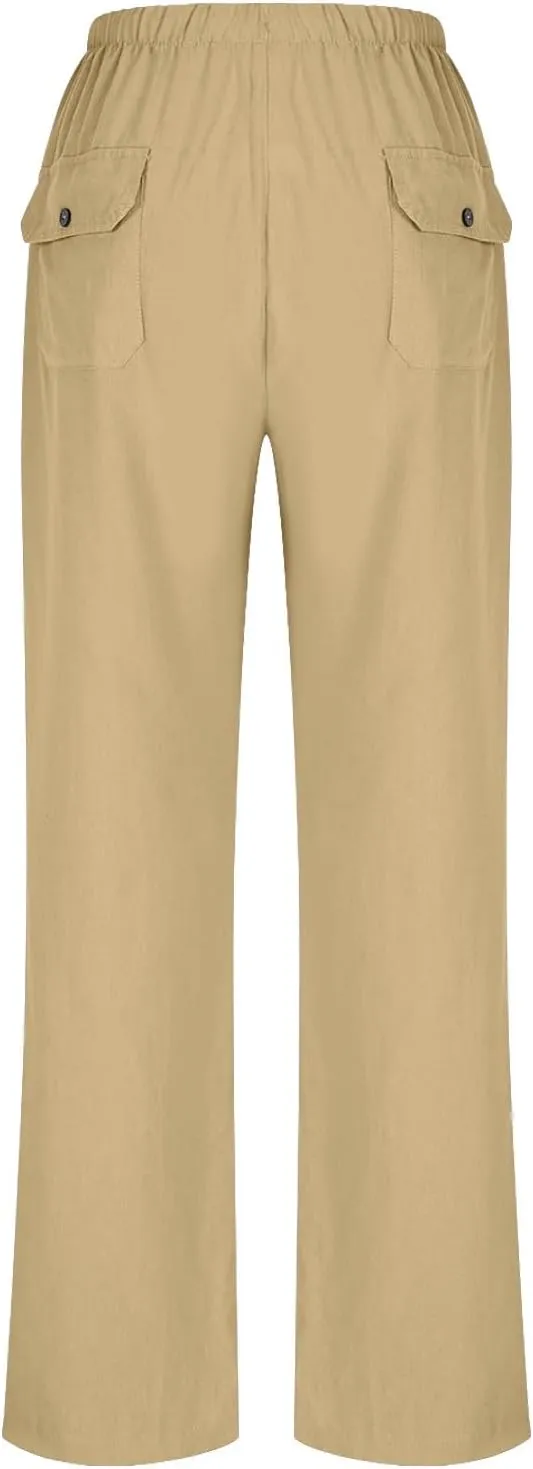 Women Linen Pants Wide Leg Straight Leg Slacks Casual Summer Pants Running Work Trousers with Pockets for Daily