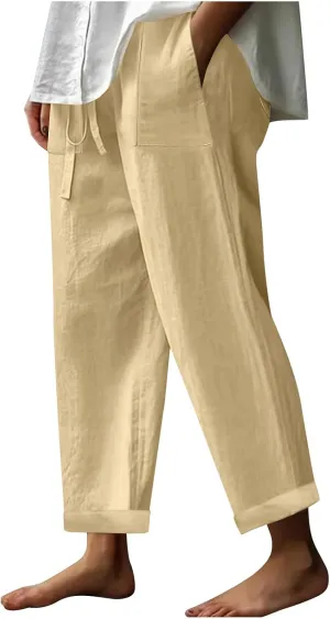 Women Linen Pants Wide Leg Straight Leg Slacks Casual Summer Pants Running Work Trousers with Pockets for Daily