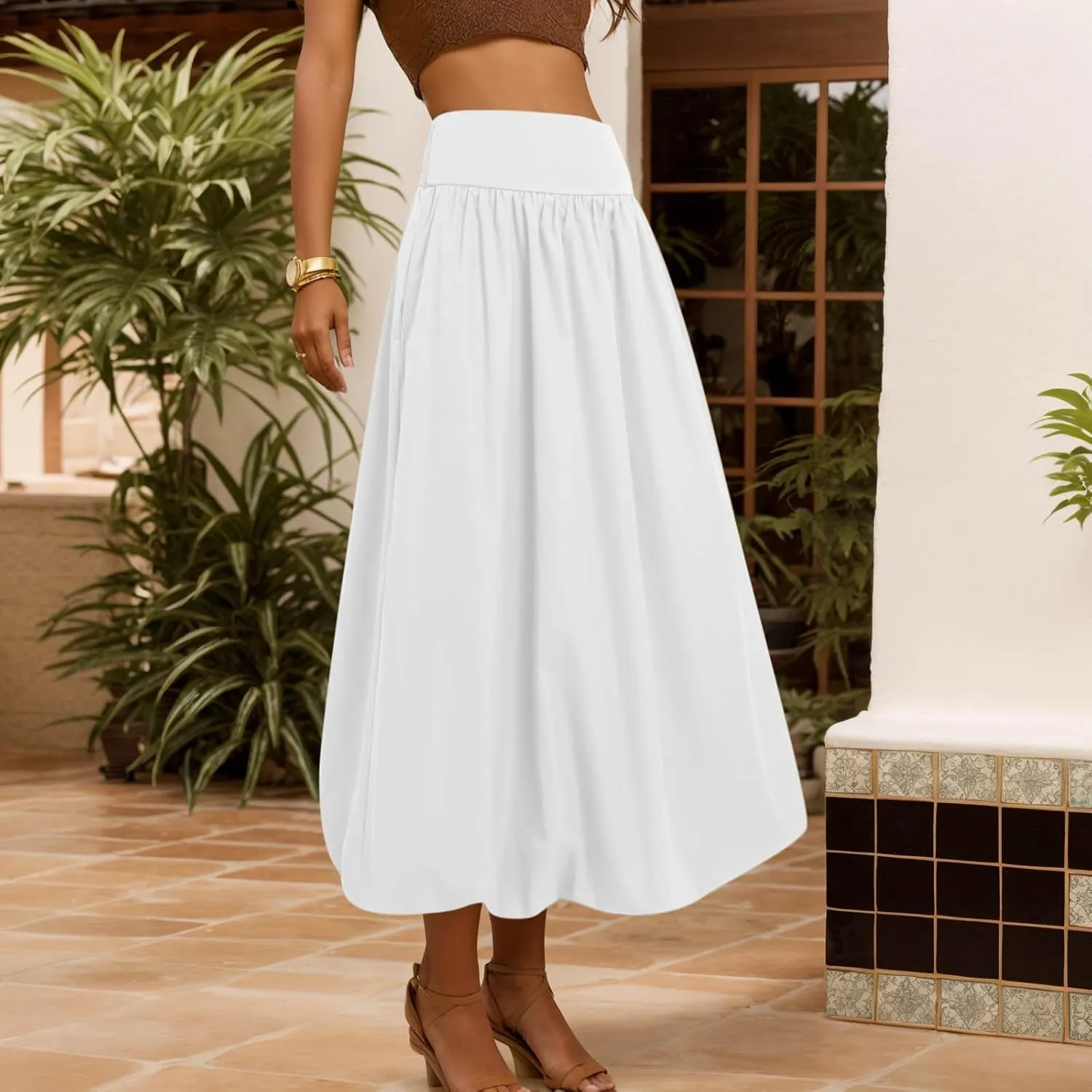 Women Maxi Bubble Skirt Elastic Waist Aline Long Puff Skirt Ruffle Hem Balloon Skirts Swim Skirt