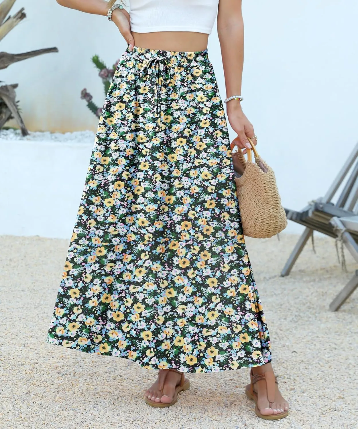 Women Maxi Skirt Long Flowy Pleated High Waisted with Pockets Summer Casual Elastic Waist A-Line Skirts