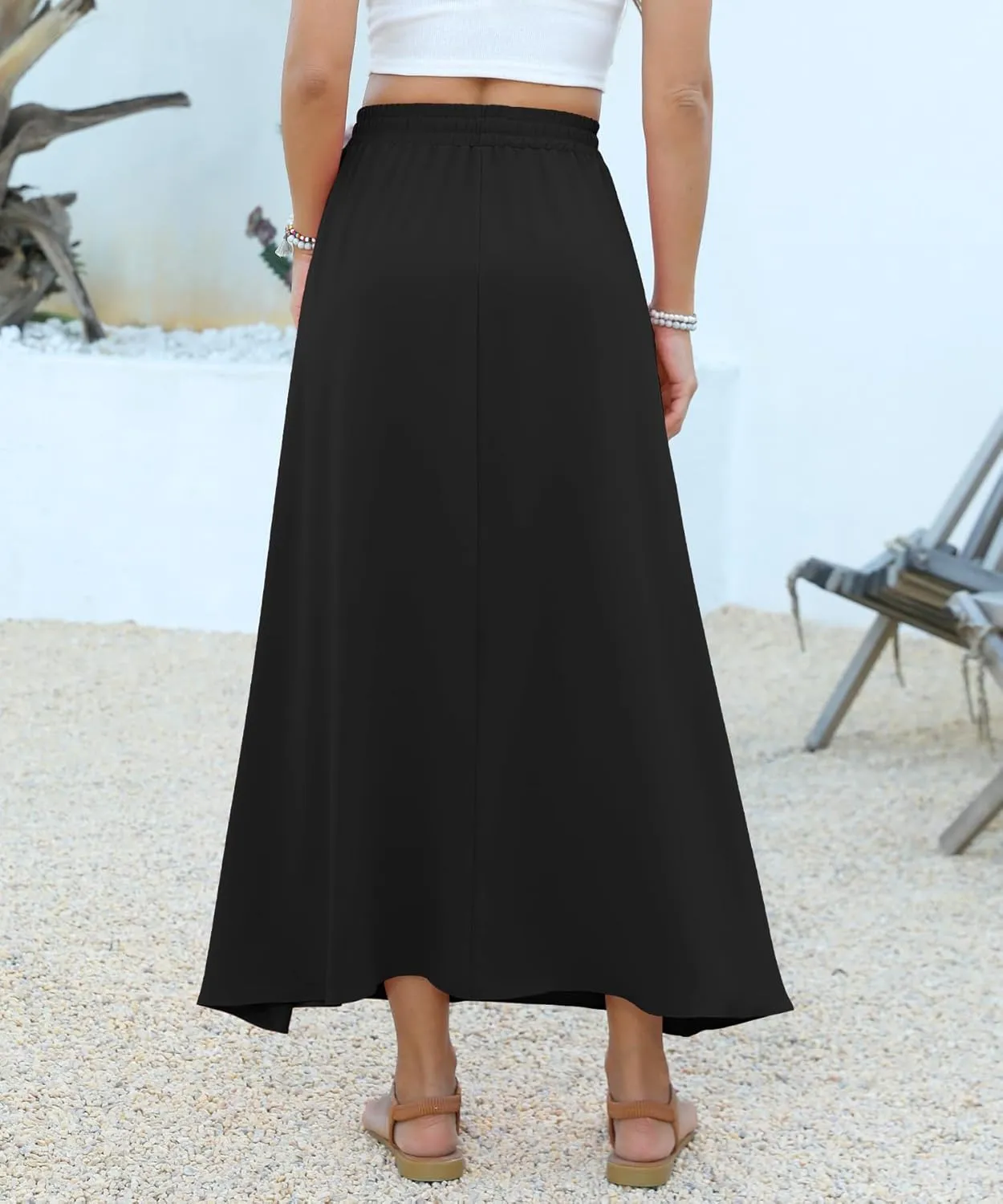 Women Maxi Skirt Long Flowy Pleated High Waisted with Pockets Summer Casual Elastic Waist A-Line Skirts