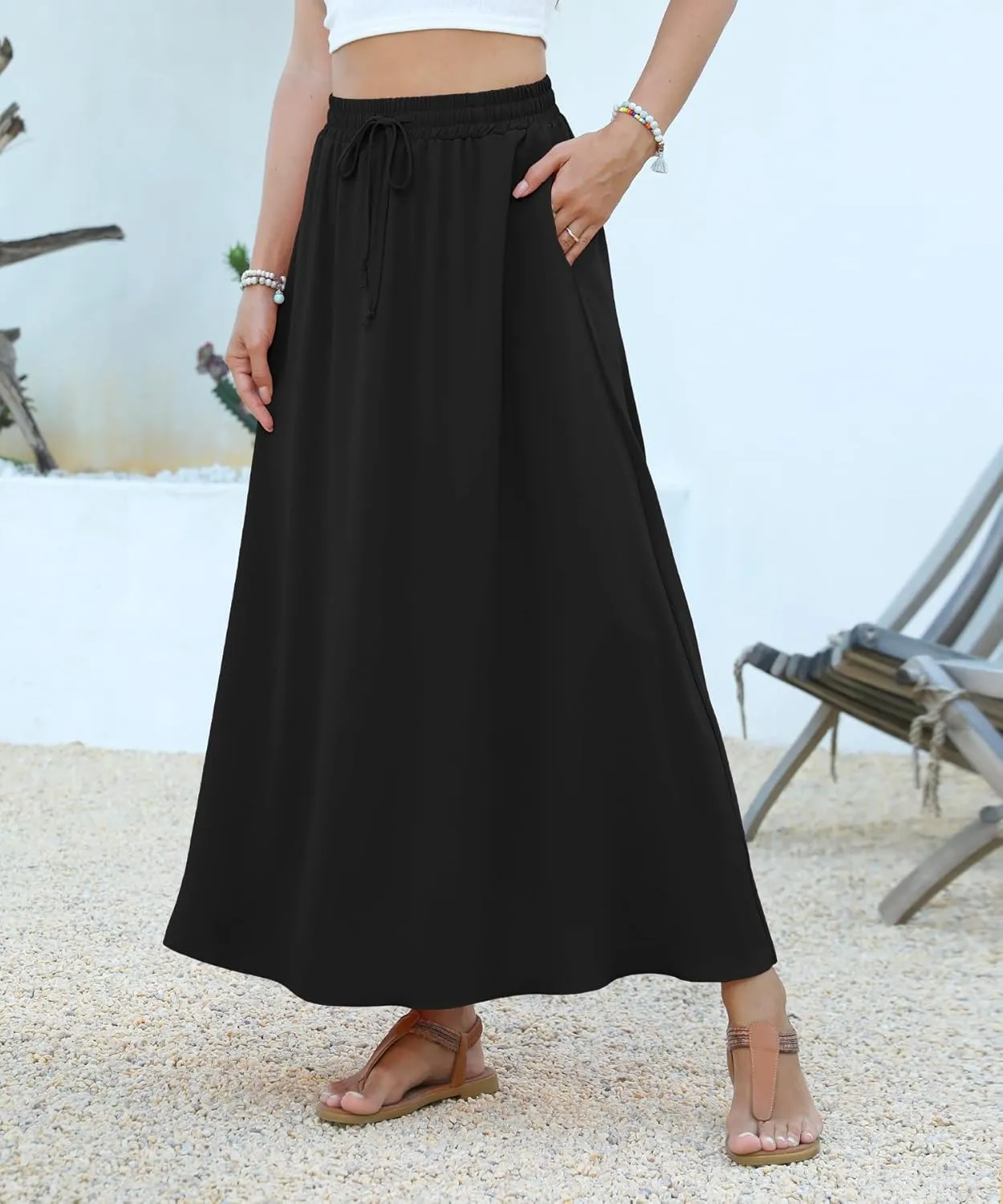 Women Maxi Skirt Long Flowy Pleated High Waisted with Pockets Summer Casual Elastic Waist A-Line Skirts