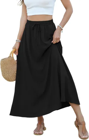 Women Maxi Skirt Long Flowy Pleated High Waisted with Pockets Summer Casual Elastic Waist A-Line Skirts