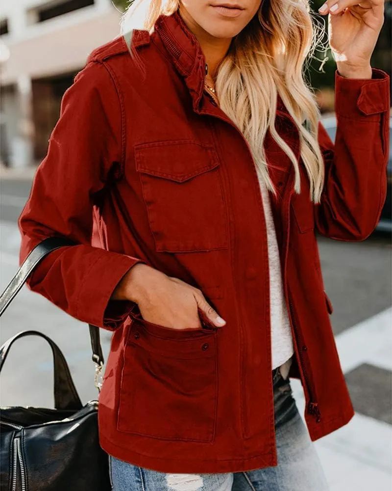 Women Military Anorak Jackets Zip Up Snap Buttons Parka Safari Utility Coats Outwear with Pocket