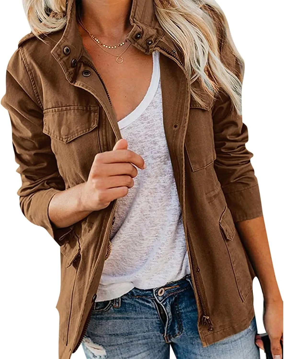 Women Military Anorak Jackets Zip Up Snap Buttons Parka Utility Coats Outwear with Pocket