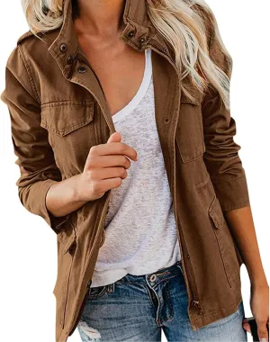 Women Military Anorak Jackets Zip Up Snap Buttons Parka Utility Coats Outwear with Pocket