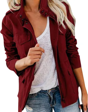Women Military Anorak Jackets Zip Up Snap Buttons Parka Utility Coats Outwear with Pocket