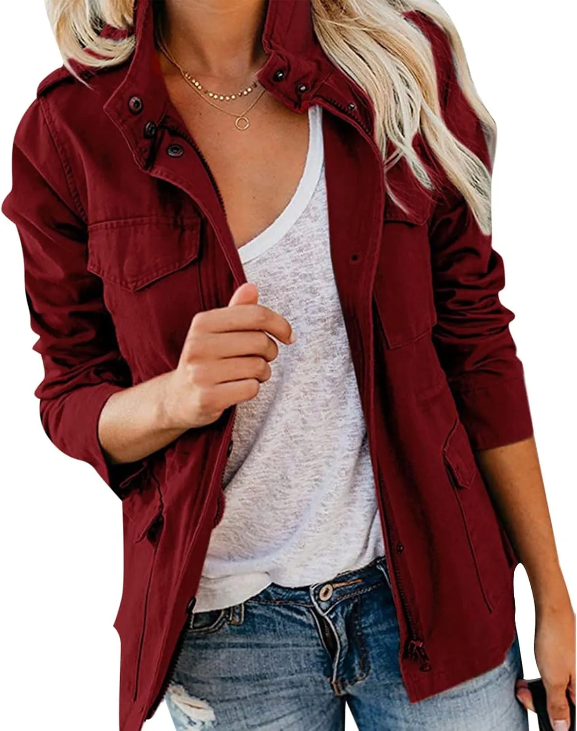 Women Military Anorak Jackets Zip Up Snap Buttons Parka Utility Coats Outwear with Pocket