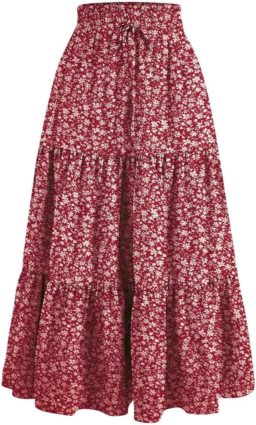 Women Summer Boho Flowy Midi Skirt, Fashion High Waist Drawstring A-line Skirts Floral Print Ruffle Ruched Casual Clothes