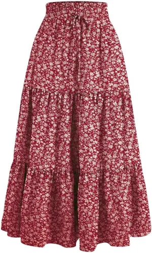 Women Summer Boho Flowy Midi Skirt, Fashion High Waist Drawstring A-line Skirts Floral Print Ruffle Ruched Casual Clothes