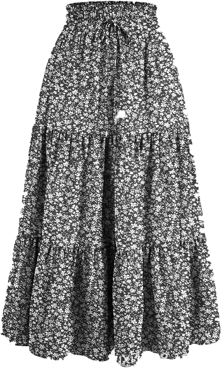 Women Summer Boho Flowy Midi Skirt, Fashion High Waist Drawstring A-line Skirts Floral Print Ruffle Ruched Casual Clothes
