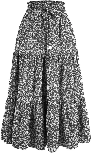 Women Summer Boho Flowy Midi Skirt, Fashion High Waist Drawstring A-line Skirts Floral Print Ruffle Ruched Casual Clothes