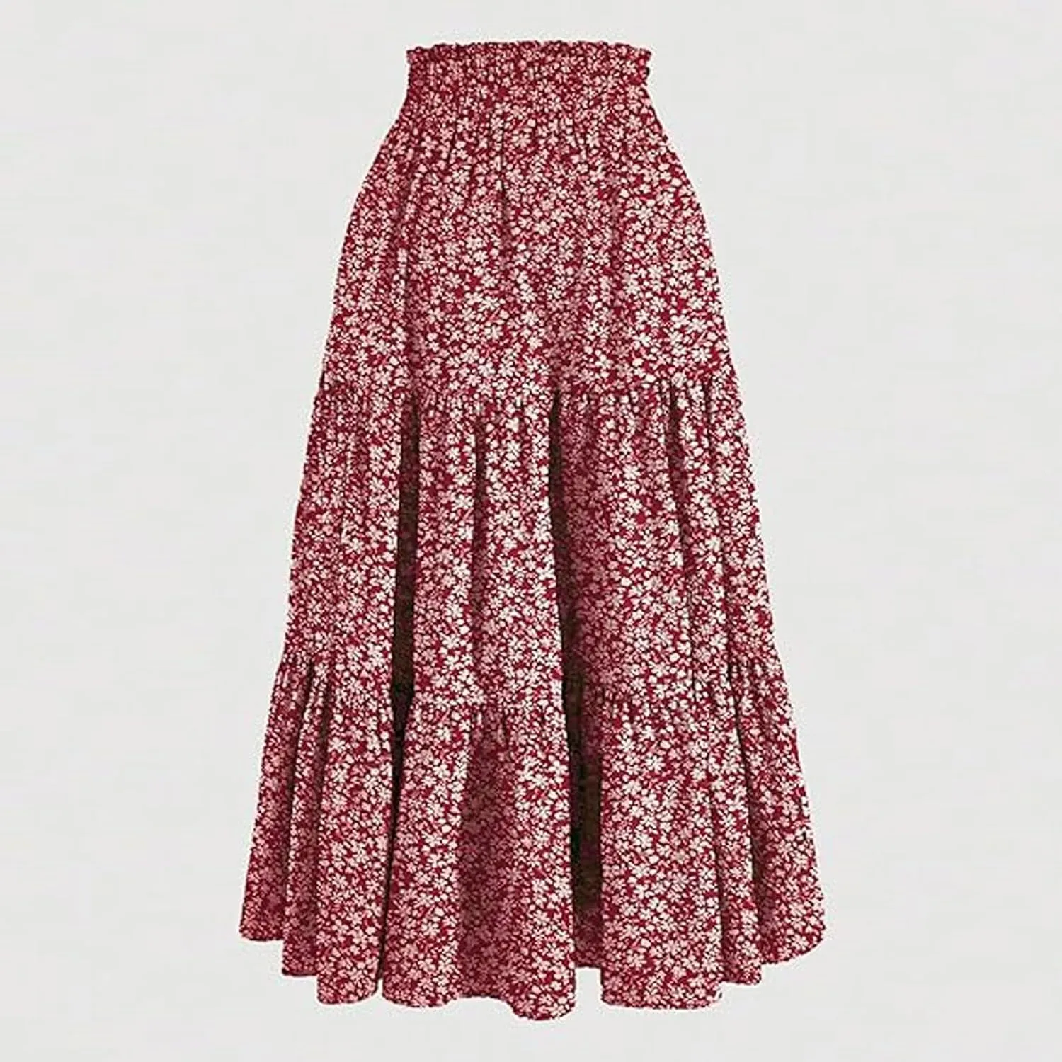 Women Summer Boho Flowy Midi Skirt, Fashion High Waist Drawstring A-line Skirts Floral Print Ruffle Ruched Casual Clothes