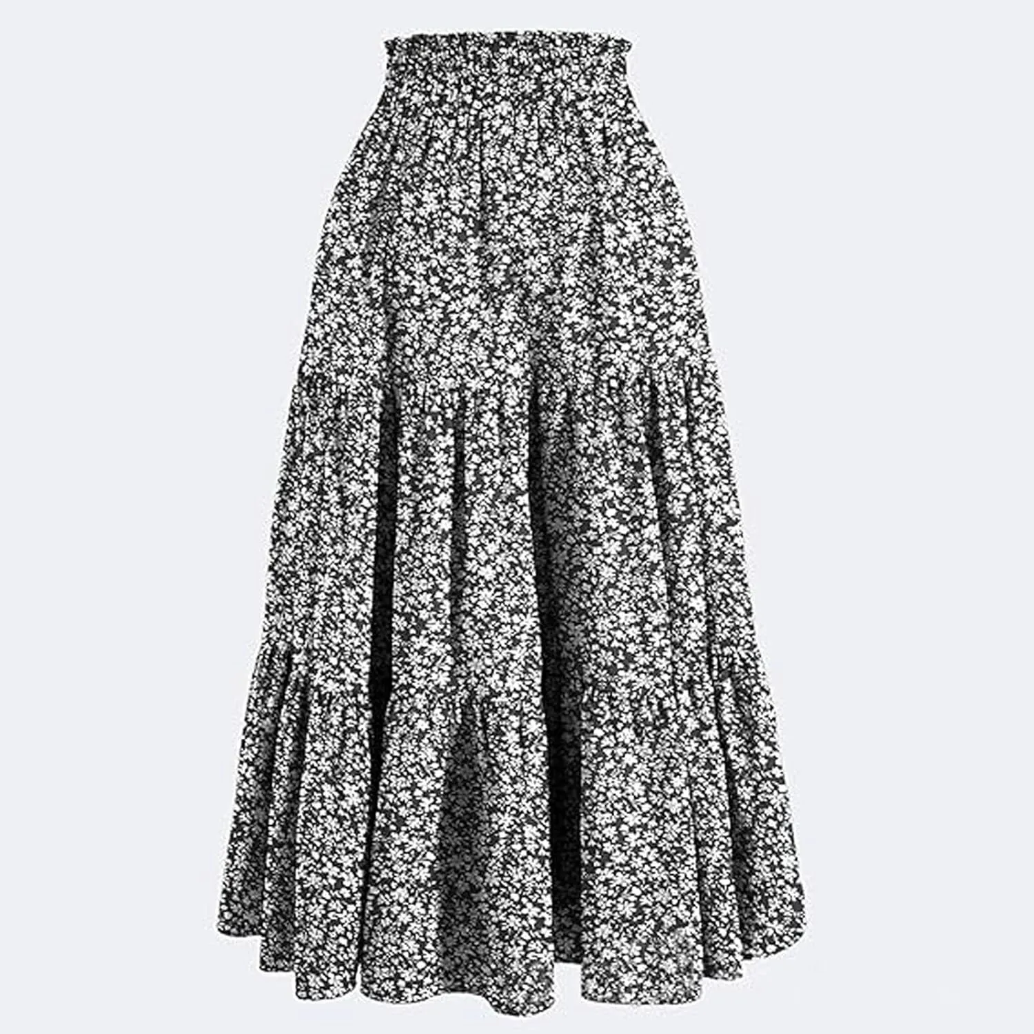 Women Summer Boho Flowy Midi Skirt, Fashion High Waist Drawstring A-line Skirts Floral Print Ruffle Ruched Casual Clothes