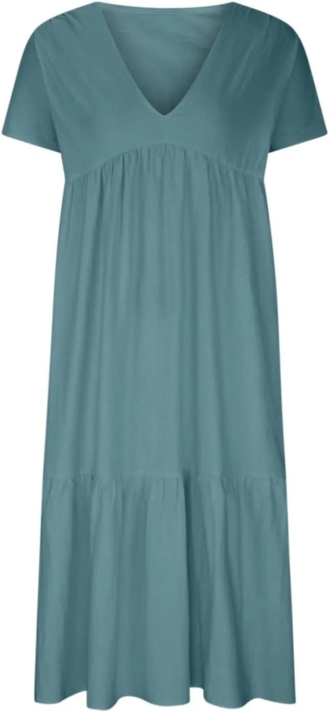 Women Summer Casual Dresses Short Sleeve V Neck Midi Tshirts Dress Flowy Tiered Beach Vacation Sundress 2024 Outfits