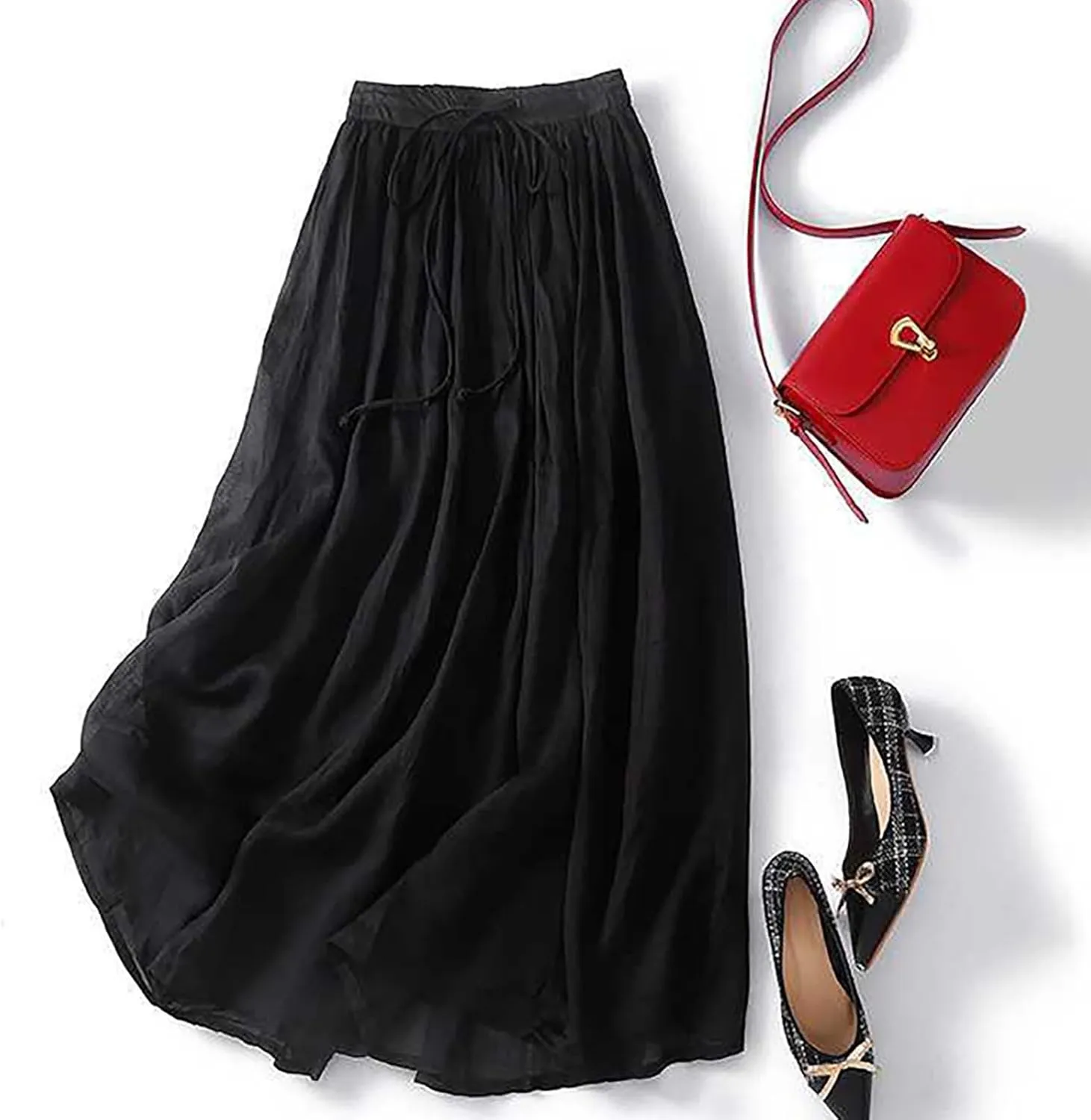 Women Summer Cotton Linen Skirts Boho Flowy Beach Dress A Line Swing Casual Long Skirts Elastic Waist Tiered Dress