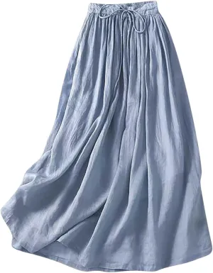 Women Summer Cotton Linen Skirts Boho Flowy Beach Dress A Line Swing Casual Long Skirts Elastic Waist Tiered Dress