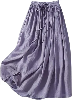 Women Summer Cotton Linen Skirts Boho Flowy Beach Dress A Line Swing Casual Long Skirts Elastic Waist Tiered Dress