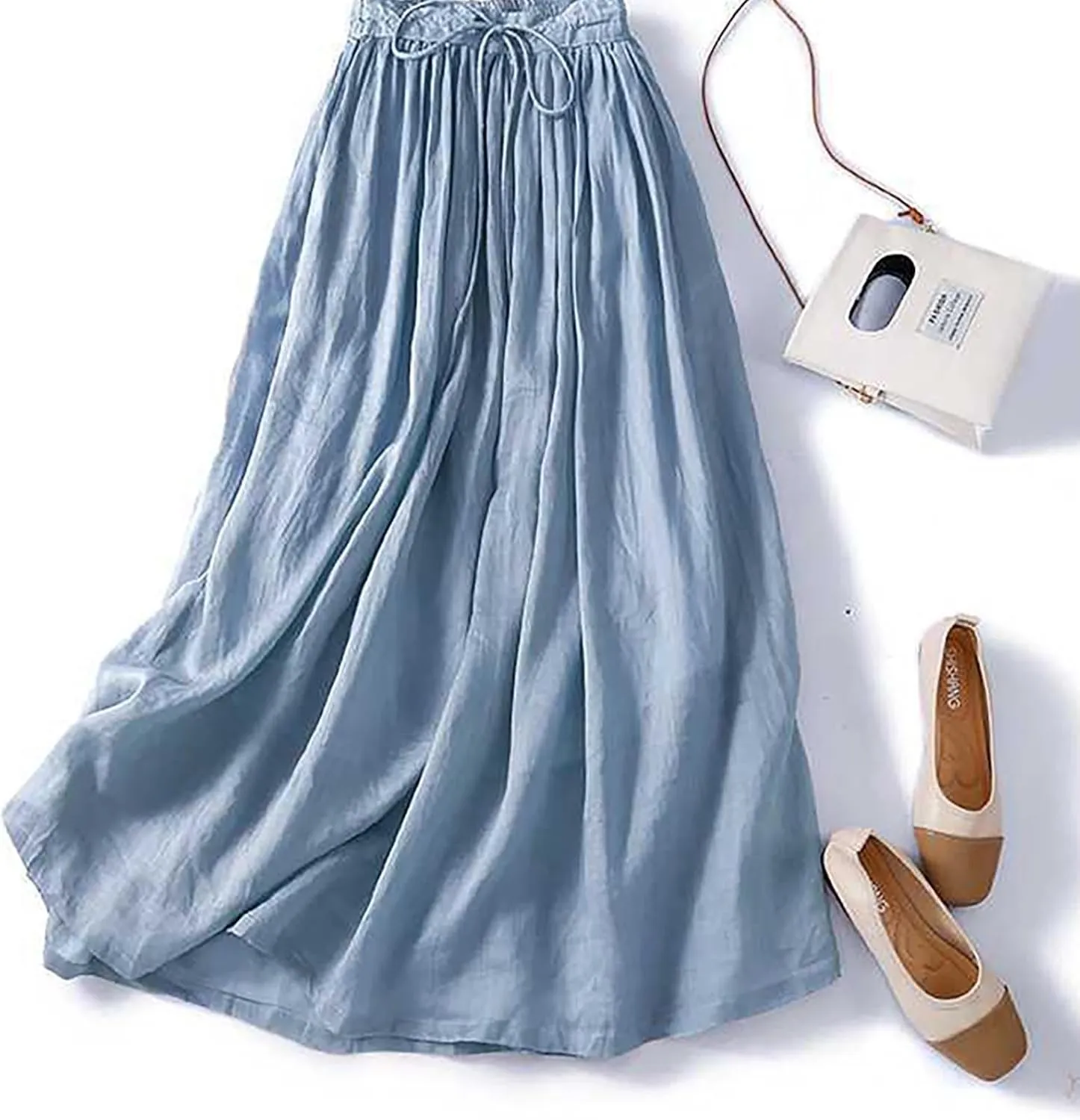 Women Summer Cotton Linen Skirts Boho Flowy Beach Dress A Line Swing Casual Long Skirts Elastic Waist Tiered Dress