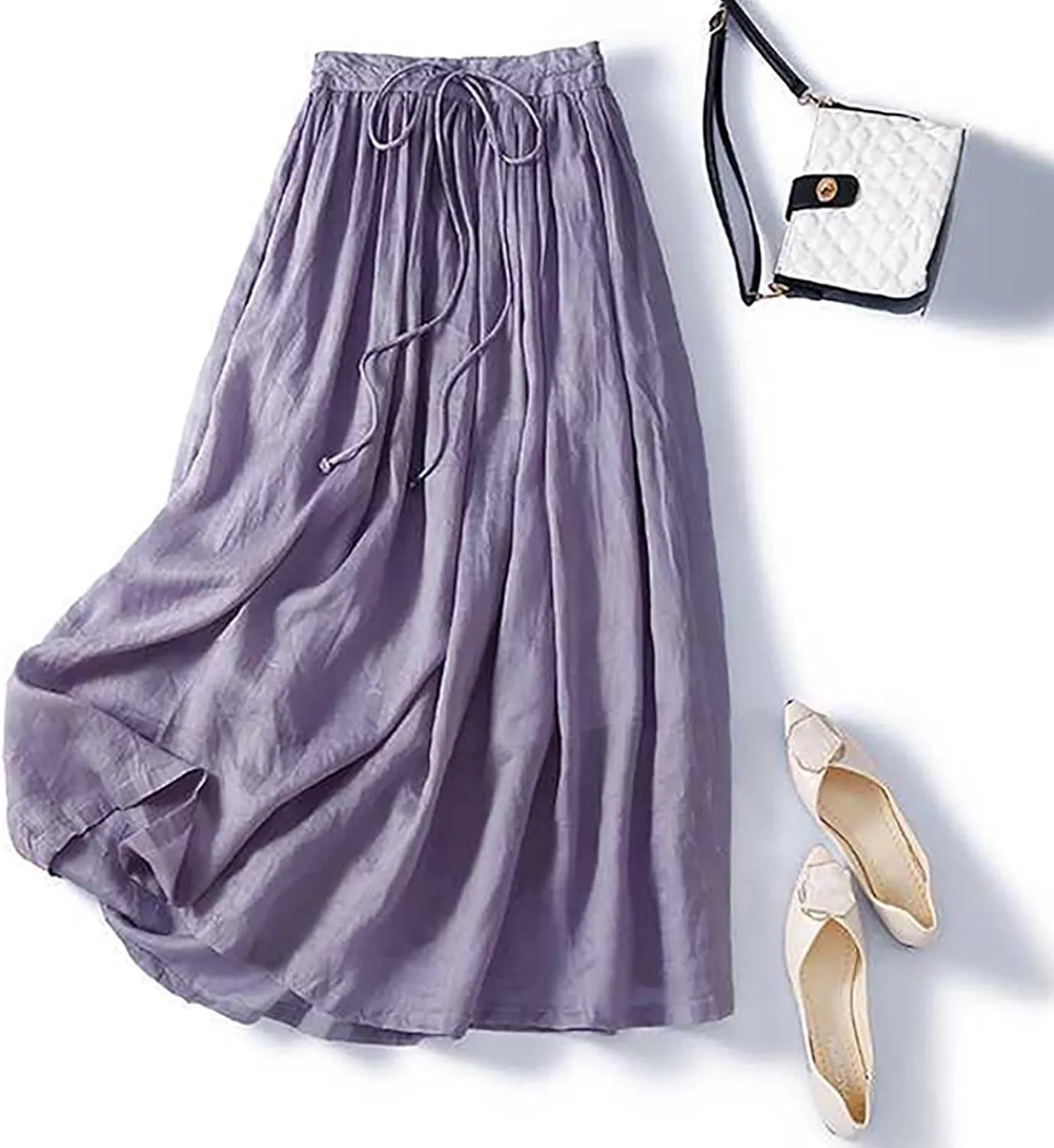 Women Summer Cotton Linen Skirts Boho Flowy Beach Dress A Line Swing Casual Long Skirts Elastic Waist Tiered Dress