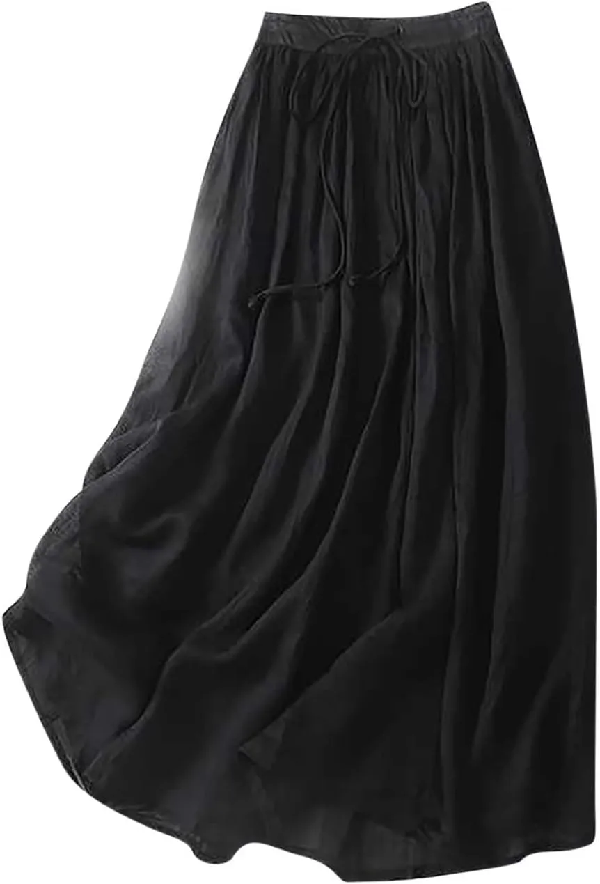 Women Summer Cotton Linen Skirts Boho Flowy Beach Dress A Line Swing Casual Long Skirts Elastic Waist Tiered Dress