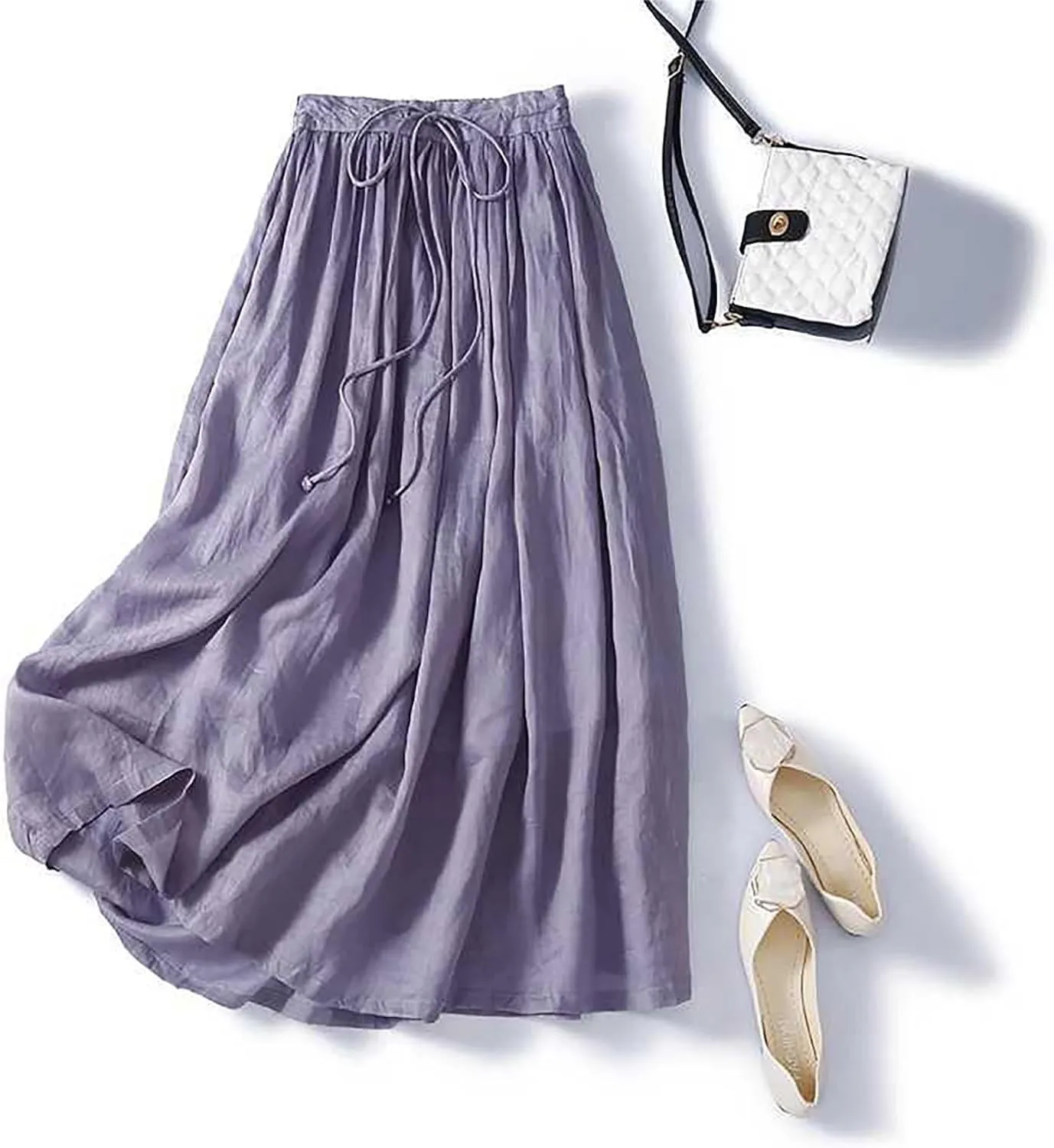 Women Summer Cotton Linen Skirts Boho Flowy Beach Dress A Line Swing Casual Long Skirts Elastic Waist Tiered Dress