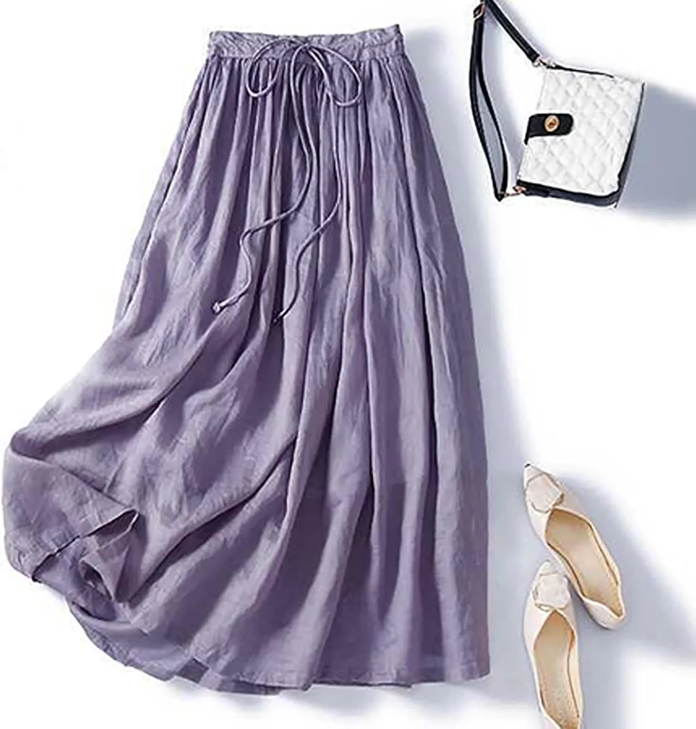 Women Summer Cotton Linen Skirts Boho Flowy Beach Dress A Line Swing Casual Long Skirts Elastic Waist Tiered Dress