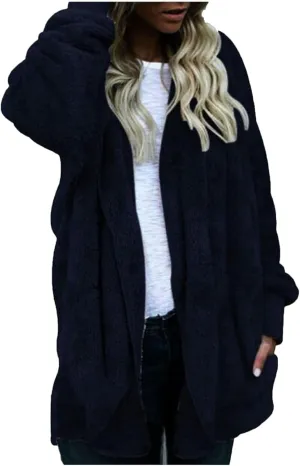 Womens 2023 Winter Long Sleeve Solid Fuzzy Fleece Open Front Hooded Cardigans Jacket Coats Outerwear with Pocket Blue