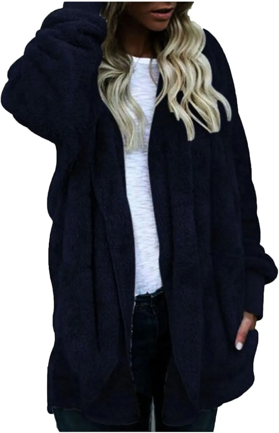 Womens 2023 Winter Long Sleeve Solid Fuzzy Fleece Open Front Hooded Cardigans Jacket Coats Outerwear with Pocket Blue