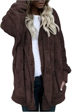 Womens 2023 Winter Long Sleeve Solid Fuzzy Fleece Open Front Hooded Cardigans Jacket Coats Outerwear with Pocket Coffee