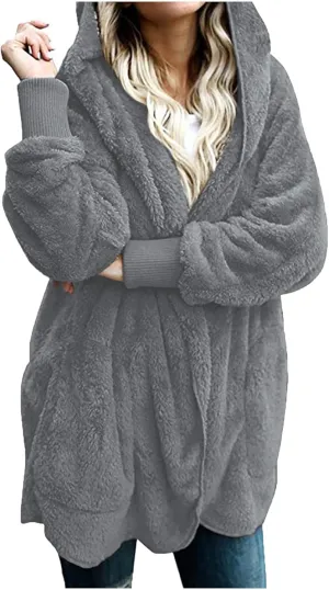 Womens 2023 Winter Long Sleeve Solid Fuzzy Fleece Open Front Hooded Cardigans Jacket Coats Outerwear with Pocket Dark Gray