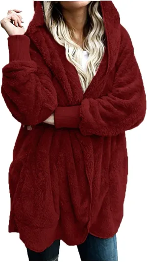 Womens 2023 Winter Long Sleeve Solid Fuzzy Fleece Open Front Hooded Cardigans Jacket Coats Outerwear with Pocket Wine