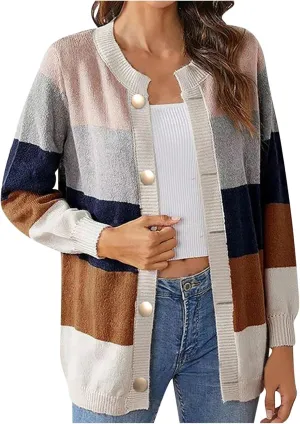 Women's 2024 Long Sleeve Cardigan Cable Knit Sweater Button Down Open Front Color Block Outwear Coat with Pockets
