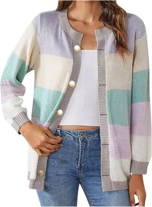 Women's 2024 Long Sleeve Cardigan Cable Knit Sweater Button Down Open Front Color Block Outwear Coat with Pockets