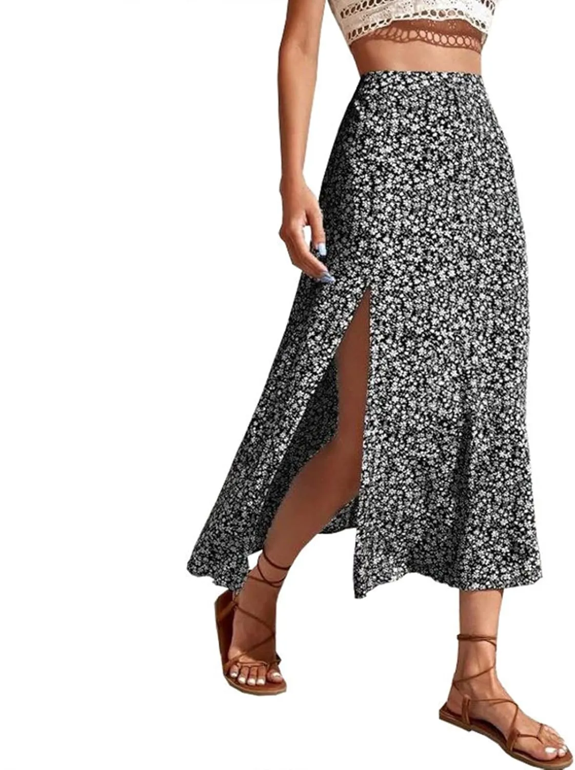 Womens 2024 Summer High Waisted Flowy Slit Midi Skirts Casual Lightweight Boho Floral Beach Skirt Sheer Skirt
