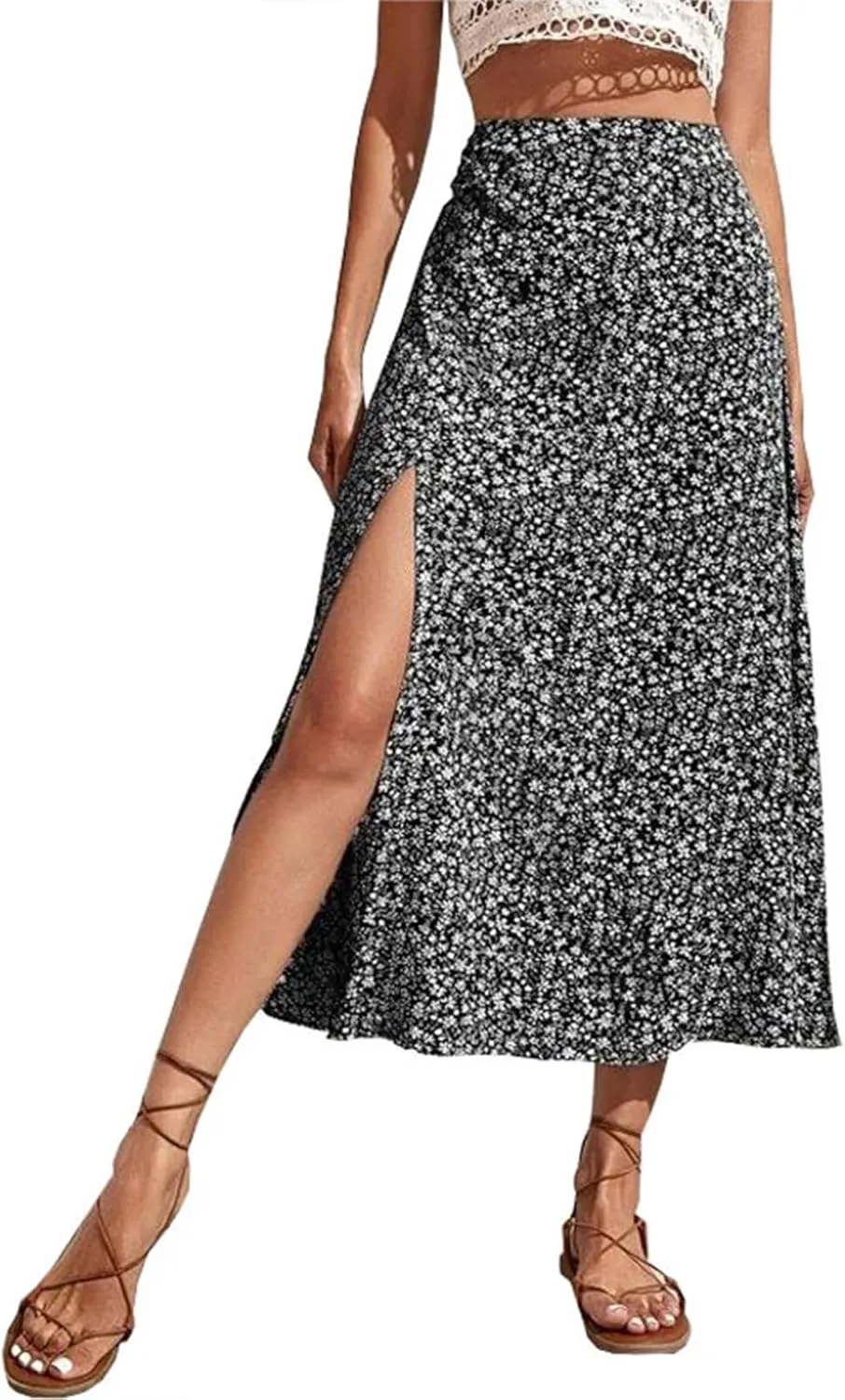 Womens 2024 Summer High Waisted Flowy Slit Midi Skirts Casual Lightweight Boho Floral Beach Skirt Sheer Skirt