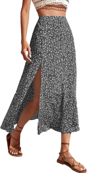 Womens 2024 Summer High Waisted Flowy Slit Midi Skirts Casual Lightweight Boho Floral Beach Skirt Sheer Skirt
