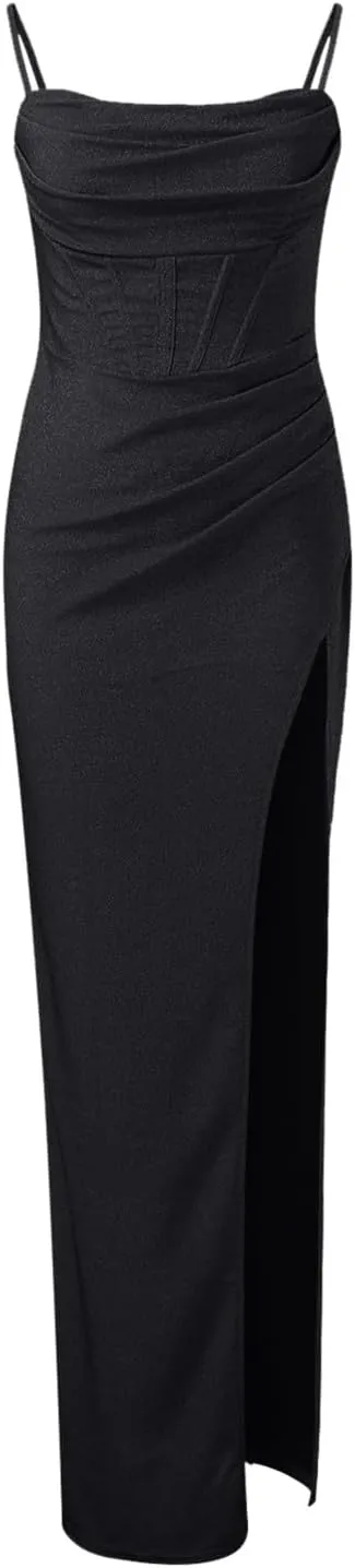Women's 2025 Solid Color Sequin Strap Dress Spring Casual Slit Maxi Semi Formal Fit Skirts for Women Party Long Dresses