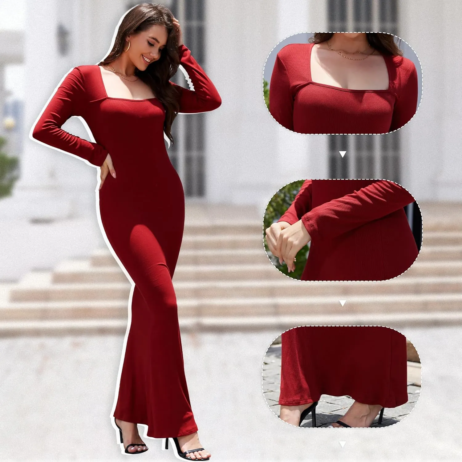 Women's 2025 Spring Dresses Square Neck Long Sleeve Ribbed Knit Elegant Evening Party Casual Bodycon Long Maxi Dress