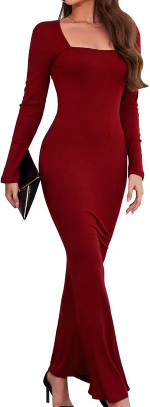 Women's 2025 Spring Dresses Square Neck Long Sleeve Ribbed Knit Elegant Evening Party Casual Bodycon Long Maxi Dress
