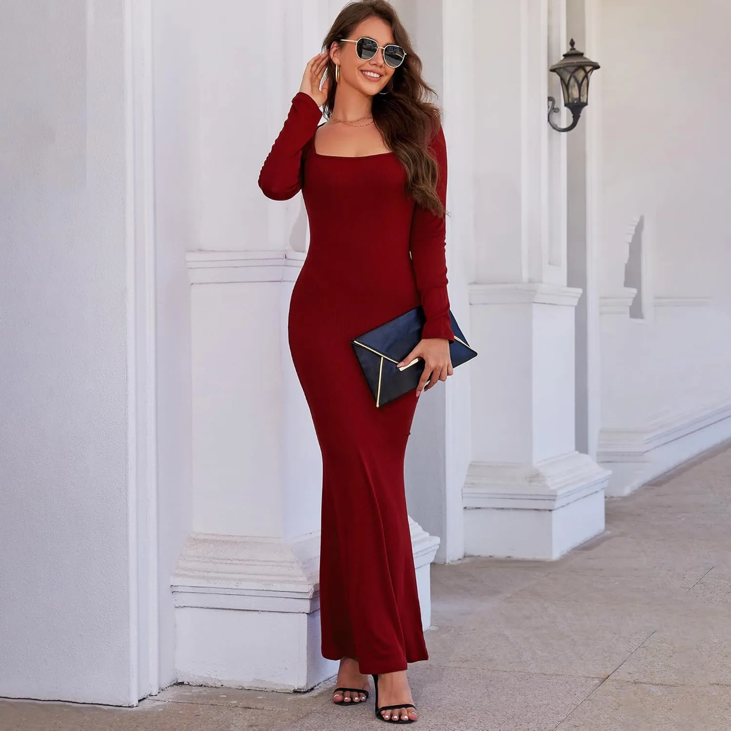Women's 2025 Spring Dresses Square Neck Long Sleeve Ribbed Knit Elegant Evening Party Casual Bodycon Long Maxi Dress